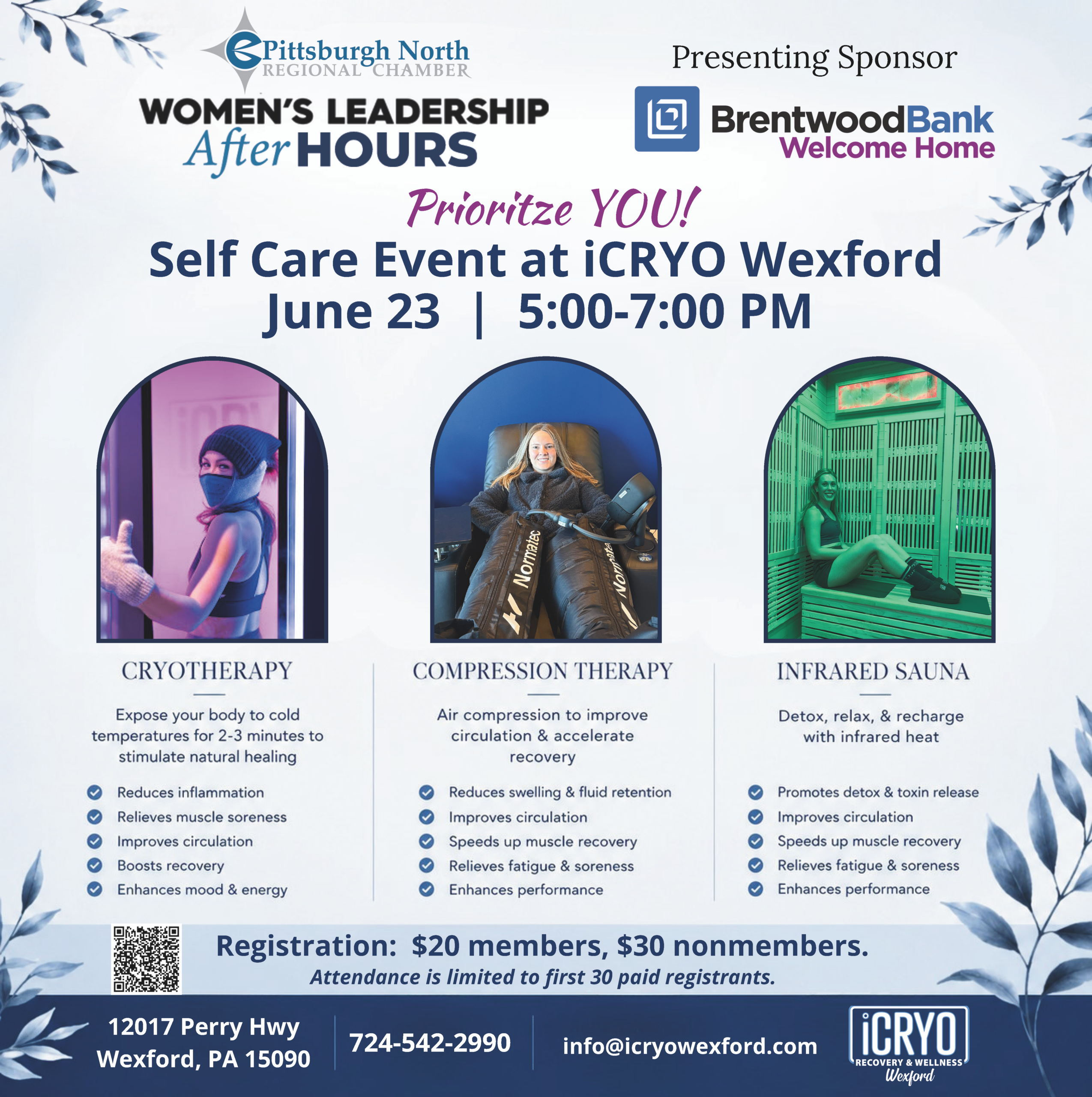 Women's Leadership After Hours, Presented by Brentwood Bank: June 23, 5:00-7:00 PM, at iCRYO Wexford